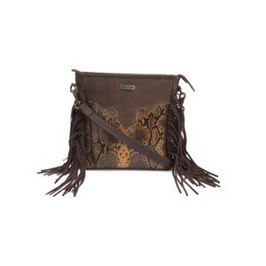 AMERICAN BISON Brown Leather Fringe Crossbody With Snake Embossed Design